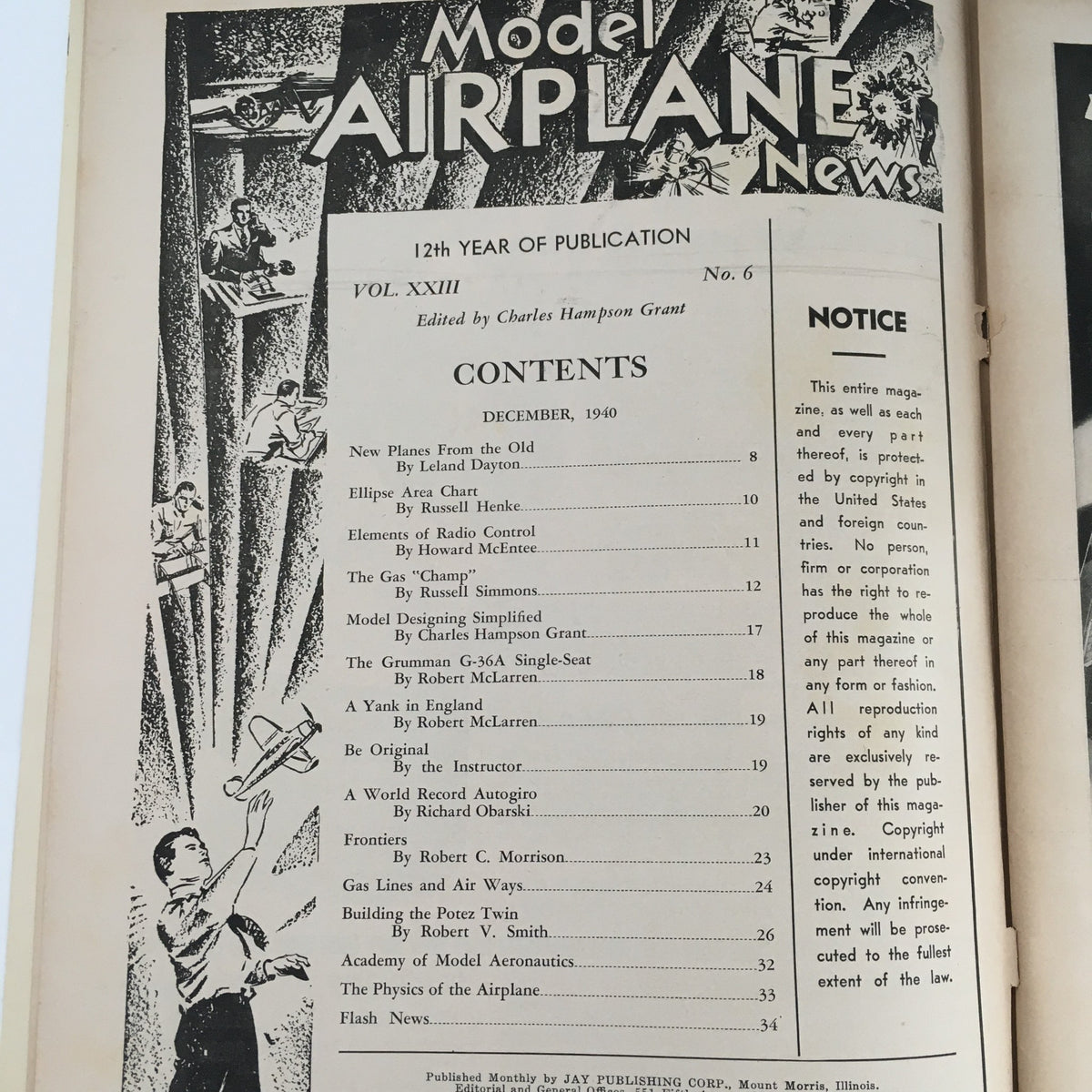 Contents page of Model Airplane News Magazine December 1940 displaying articles and topics including the Grumman G-36A Single-Seat.