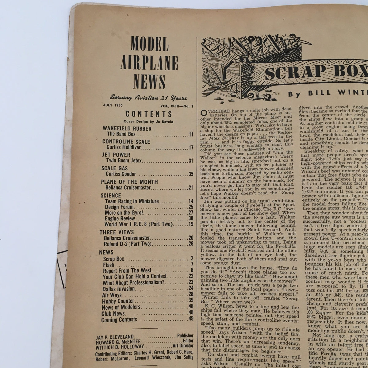 Contents page of Model Airplane News Magazine July 1950, detailing articles such as Wakefield Rubber and Jet Power, reflecting the magazine's focus on model airplane construction and aviation topics.