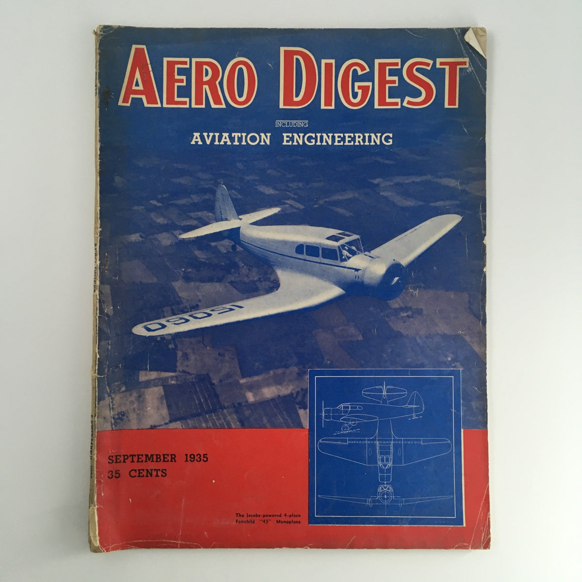 Cover of Aero Digest Magazine September 1935 featuring the Jacobs-Power 4-Place Fairchild 45 Monoplane, showcasing aviation engineering themes and vintage design elements.