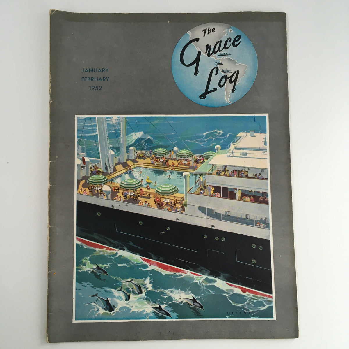 Cover of the Vintage The Grace Log Magazine from January-February 1952 featuring a colorful illustration of a cruise ship at sea with deck activities and dolphins swimming in the ocean.
