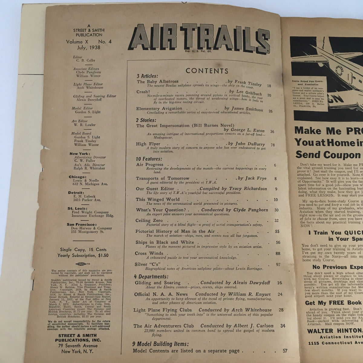 Contents page of Air Trails Magazine July 1938 detailing articles like 'The Baby Albatross' and 'Elementary Aviation'.
