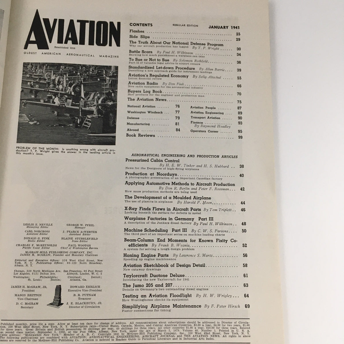 Contents page of Aviation Magazine January 1941, featuring articles and features on military aviation technology, including 'The Truth About Our National Defense Program'.