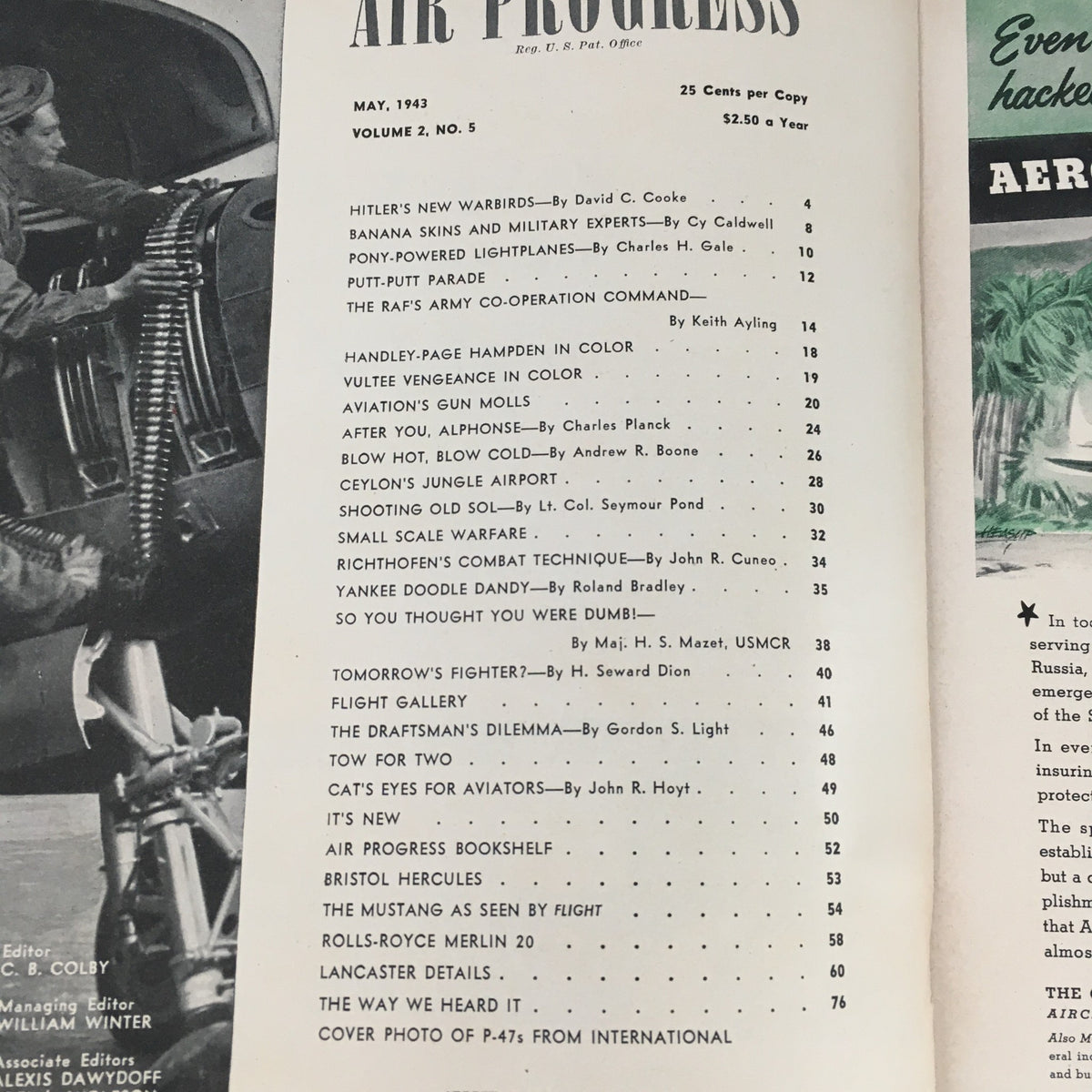 Table of contents from Air Progress Magazine May 1943, outlining articles including 'Hitler's New Warbirds' and aviation features.