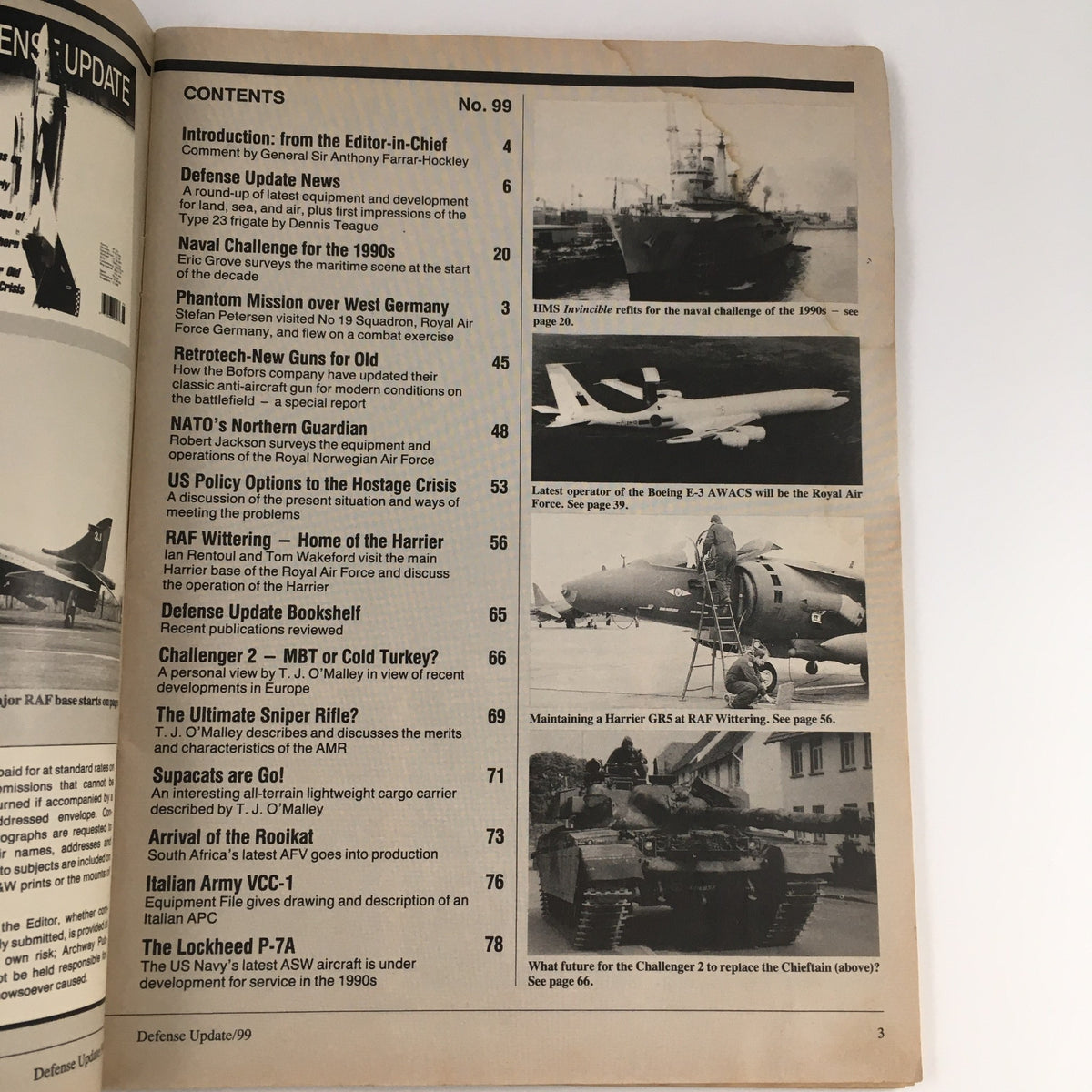 Contents page of Defense Update International No. 99, 1990, detailing articles on military exercises and technological advancements.