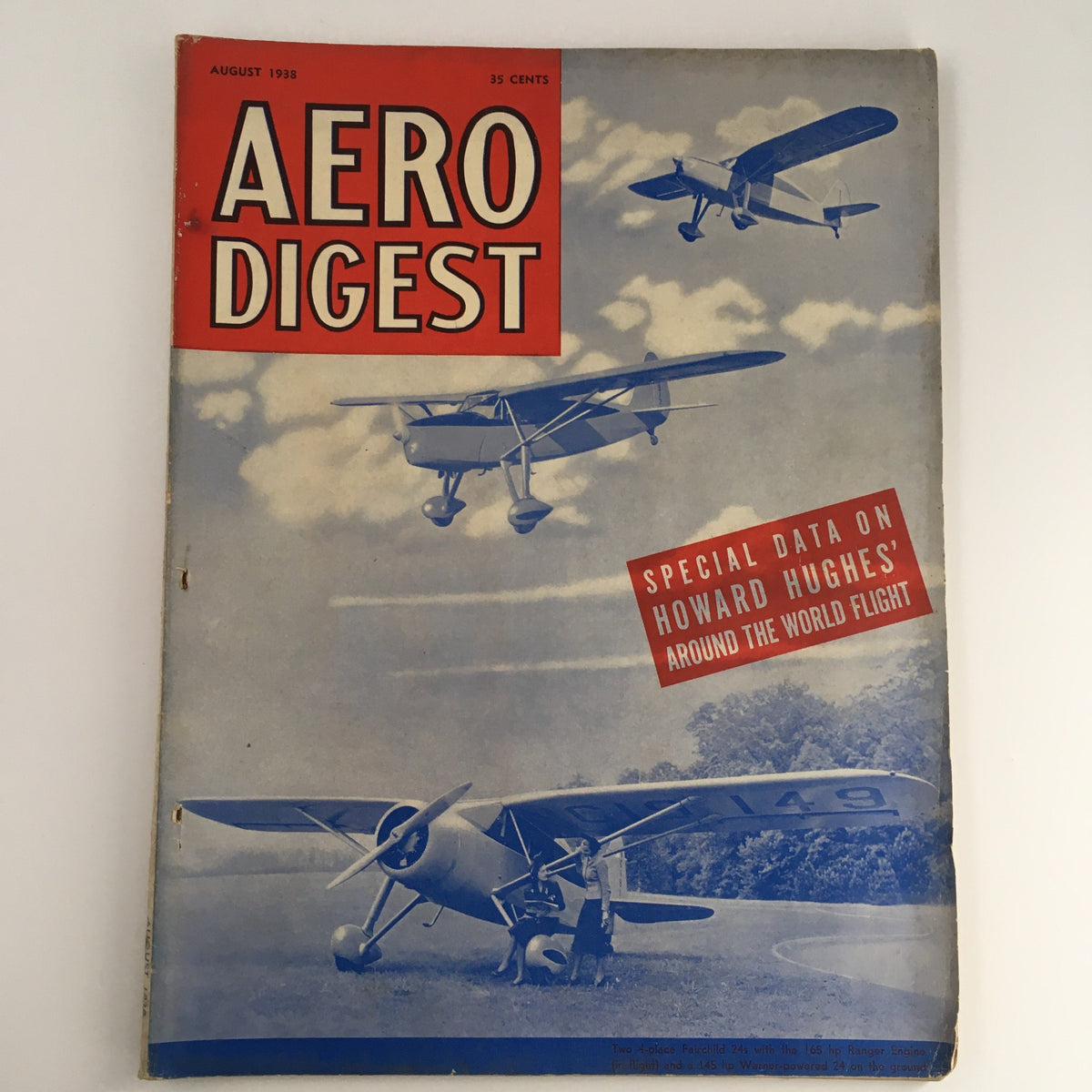Cover of Aero Digest Magazine, August 1938, featuring illustrations of airplanes and the title highlighting Howard Hughes' around-the-world flight feature.