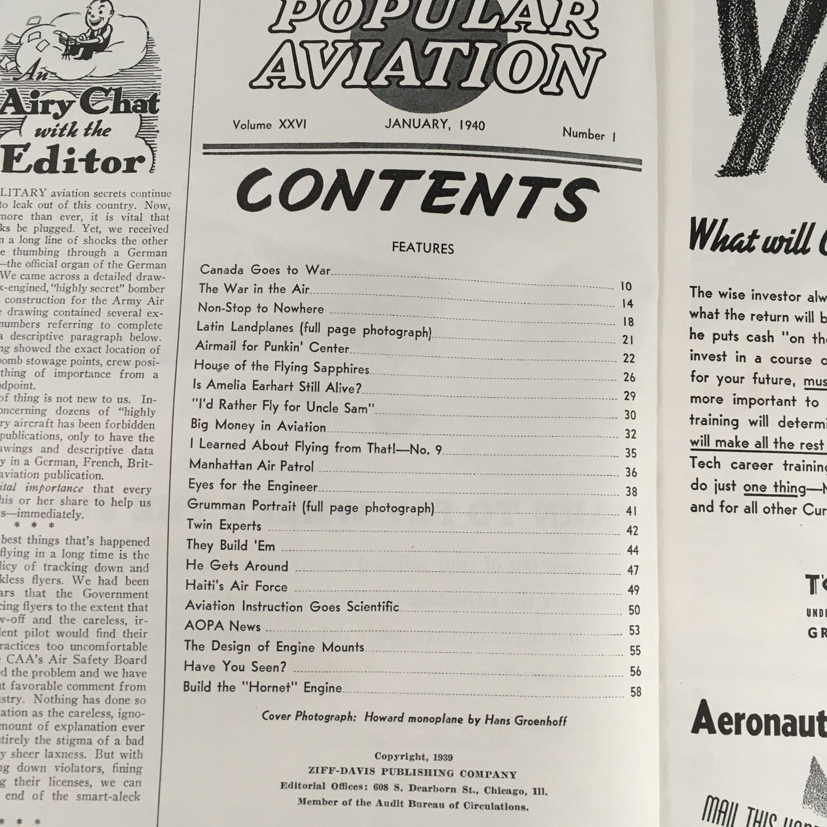 Contents page of Popular Aviation Magazine January 1940 detailing articles on aviation innovations and featured topics.