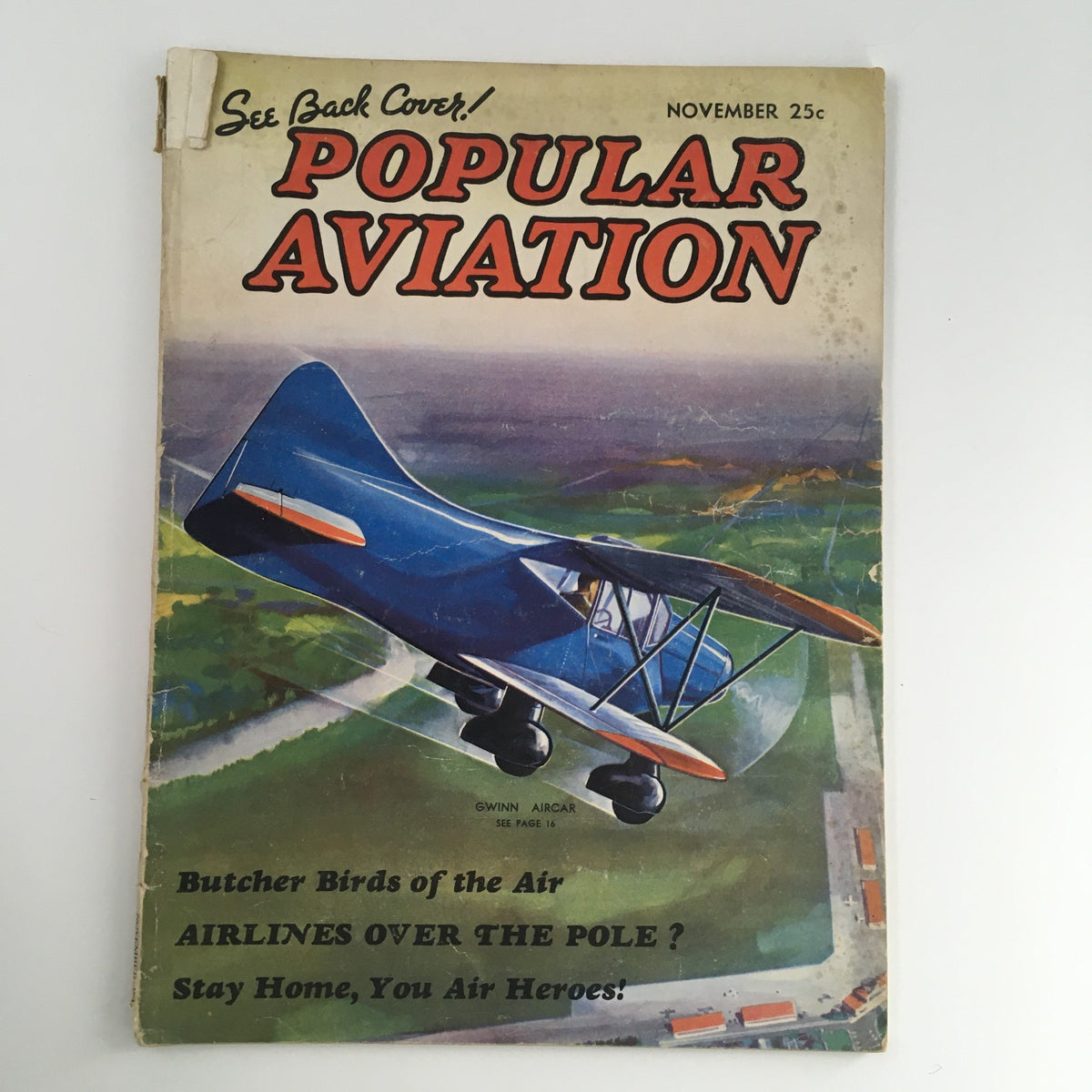 Cover of Popular Aviation Magazine November 1937 featuring the Gwinn Aircar and articles on Butcher Birds, showcasing vintage aviation art and history.