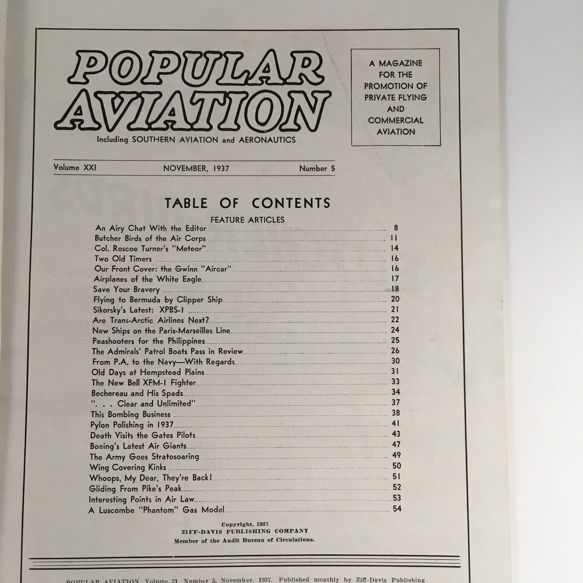 Table of Contents from Popular Aviation Magazine November 1937, Volume 11, Issue 5, highlighting feature articles including Butcher Birds and aircraft technology.