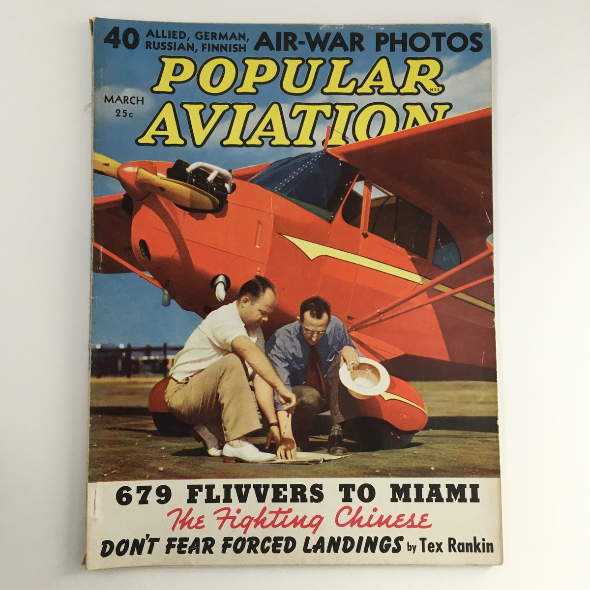 Cover of Popular Aviation Magazine March 1940 Vol 26 #3 featuring Piper Cub and article on The Fighting Chinese, showcasing vintage aviation graphics.
