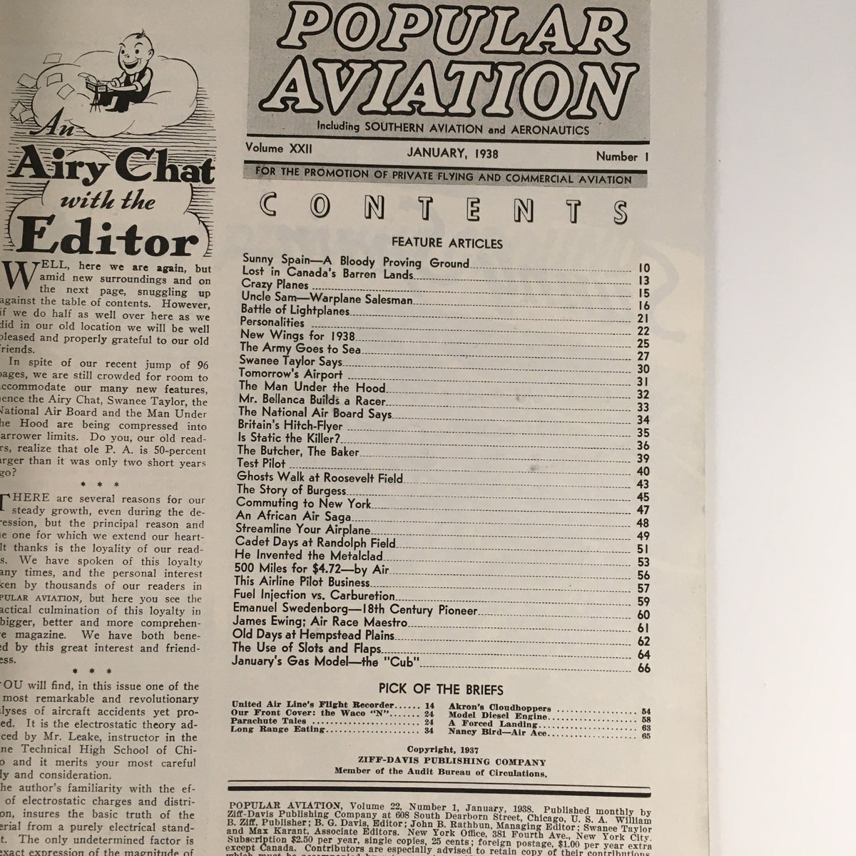 Table of contents from the Popular Aviation Magazine January 1938 Vol 22 #1, showcasing featured articles including 'Uncle Sam...Warplane Salesman'.