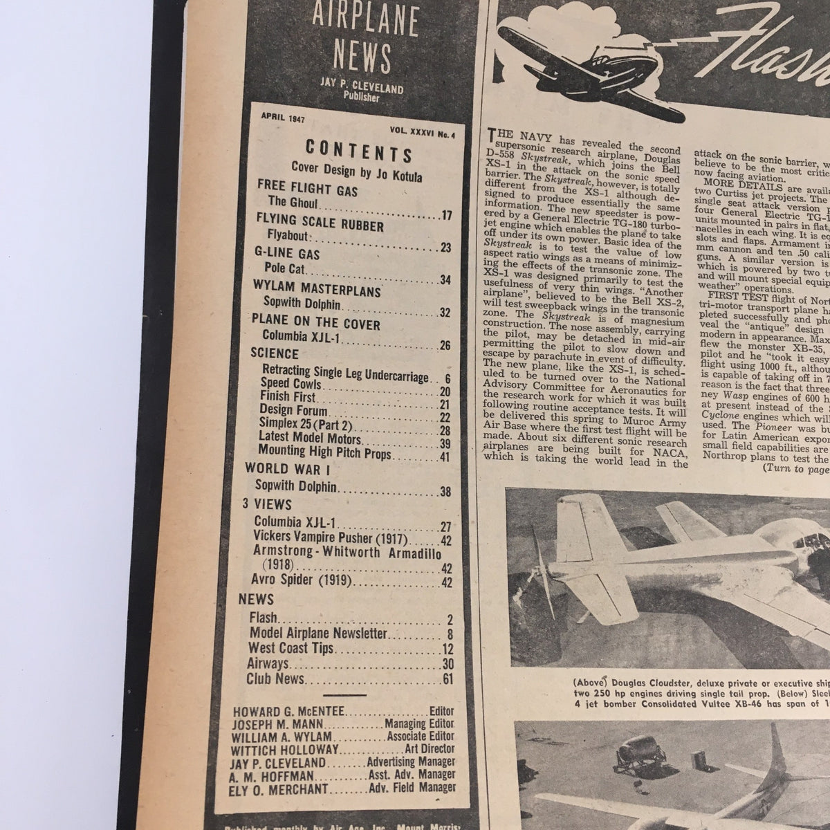 Table of contents from Model Airplane News Magazine - April 1947 detailing articles including Wylam Masterplans of Sopwith Dolphin.