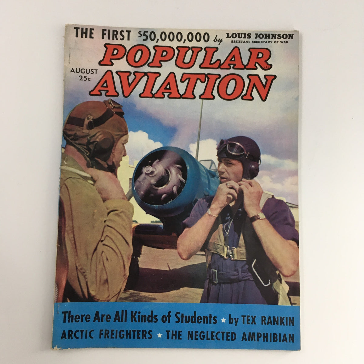 Cover of Popular Aviation Magazine, August 1939, Volume 25, Number 2, featuring a flight instructor and student with vintage aviation themes.
