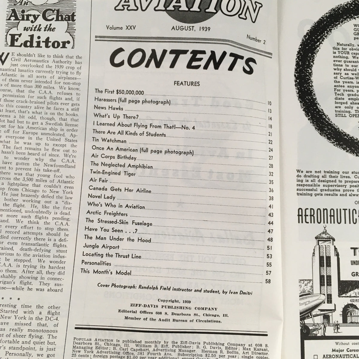 Table of contents for Popular Aviation Magazine, August 1939, Volume 25, Number 2, highlighting articles about aviation training and innovations.