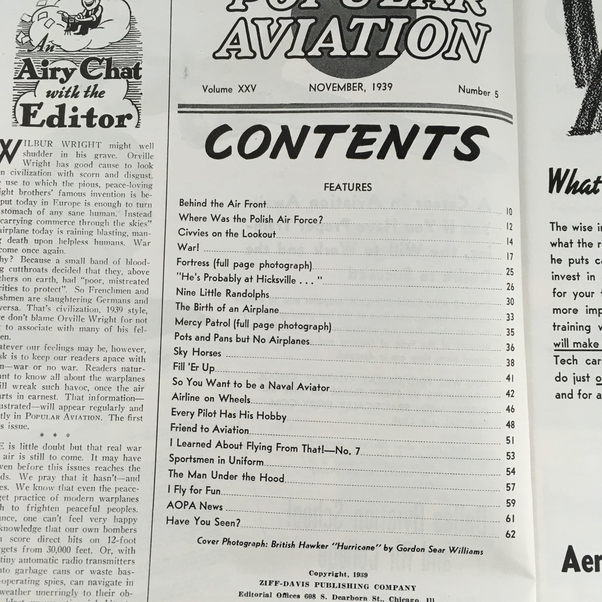 Popular Aviation Magazine November 1939 Vol 25 #5 British Hawker "Hurricane"