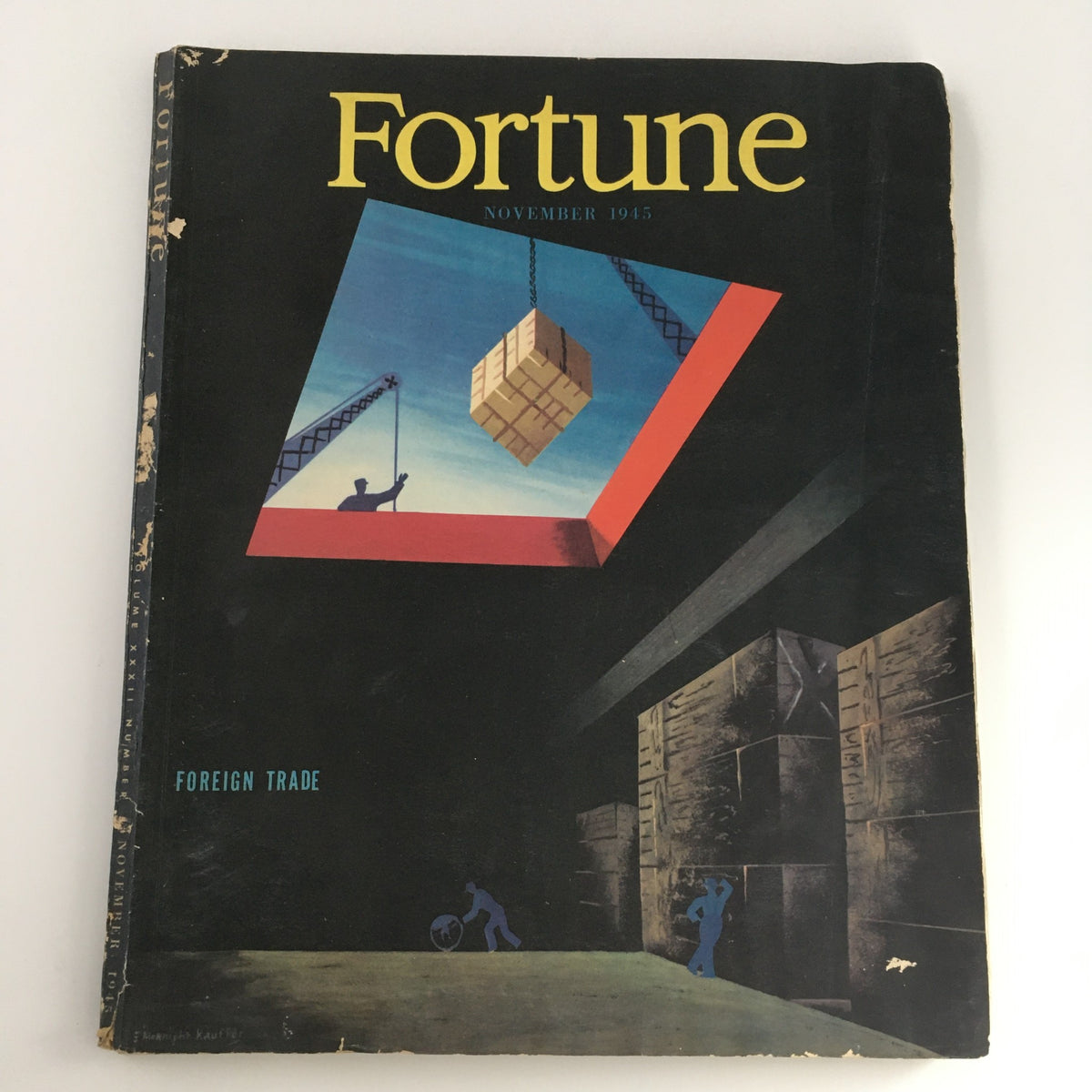 VTG Fortune Magazine November 1945 Cover featuring Foreign Trade theme and modern artwork depicting shipping and cargo handling.