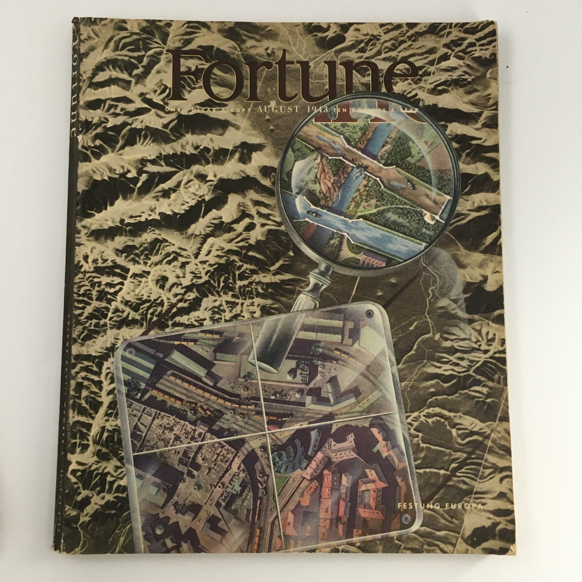 Cover of VTG Fortune Magazine August 1943 showcasing the 'Festung Europa' feature, with an artistic design highlighting aerial views and landscapes.