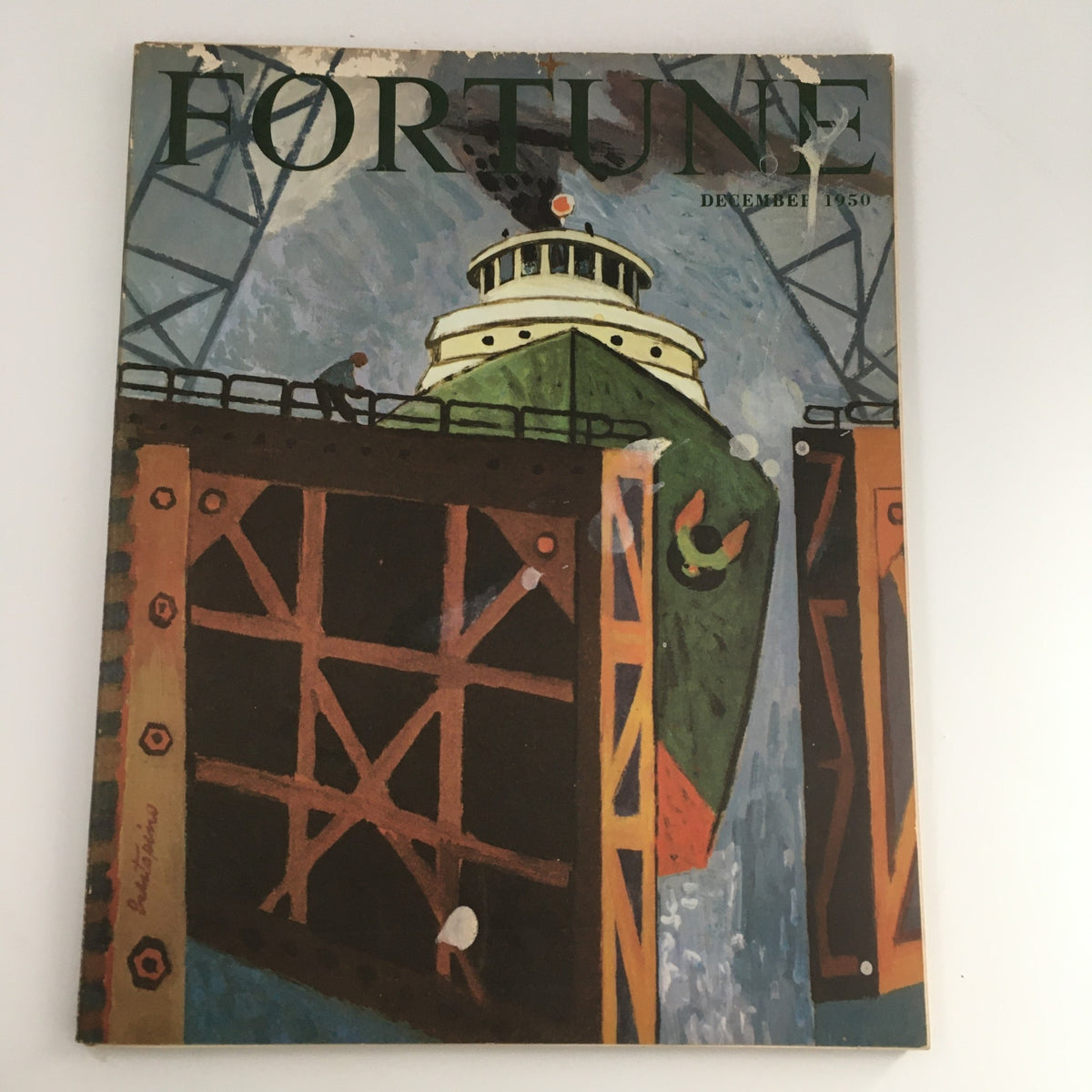Cover of the VTG Fortune Magazine December 1950 featuring an illustration of a ship navigating the Sault Ste. Marie Locks, symbolizing the significance of the St. Lawrence Seaway.