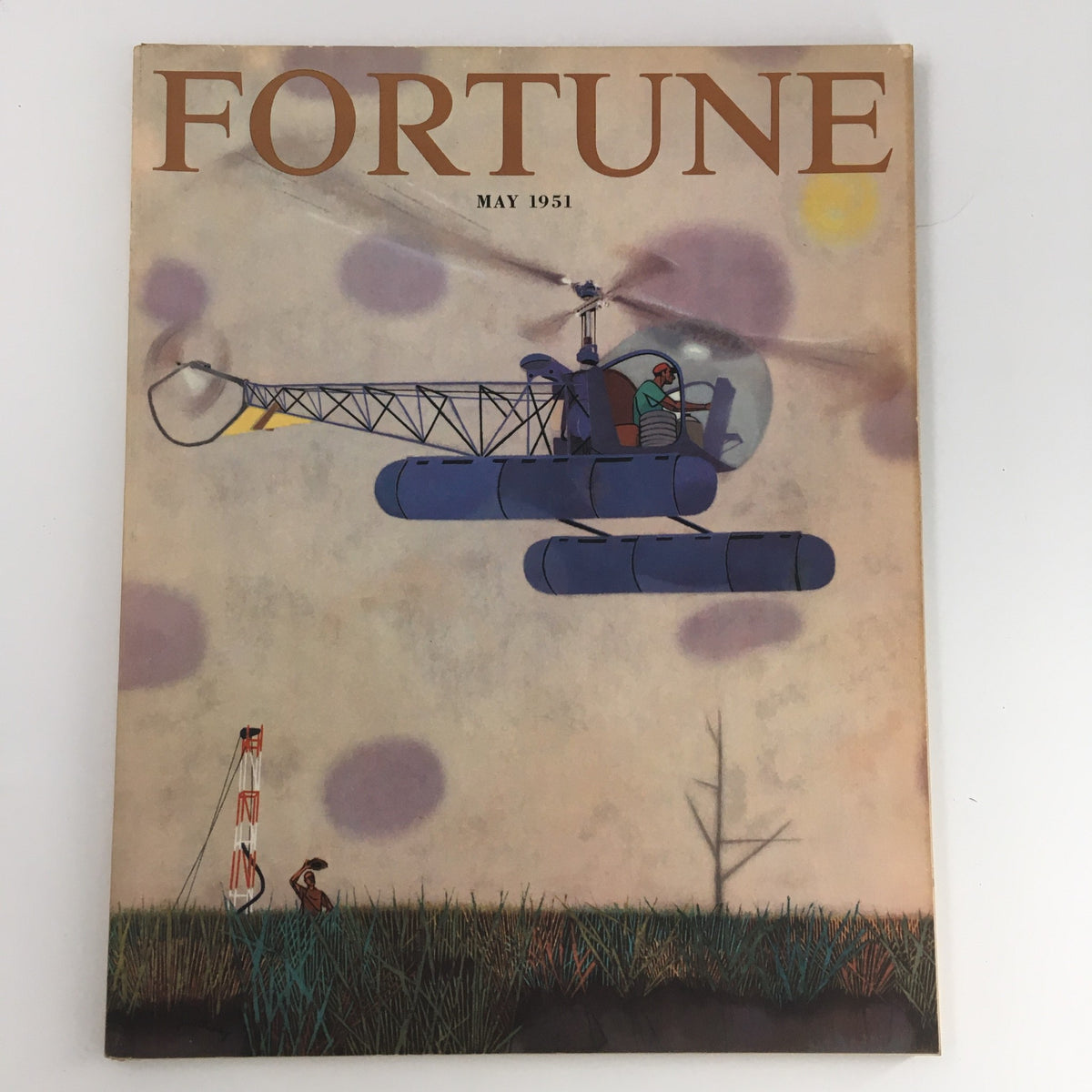Vintage Fortune Magazine cover from May 1951 featuring a helicopter, highlighting advancements in aviation and depicting a serene landscape with figures, part of a historical collection centered around Douglas MacArthur.