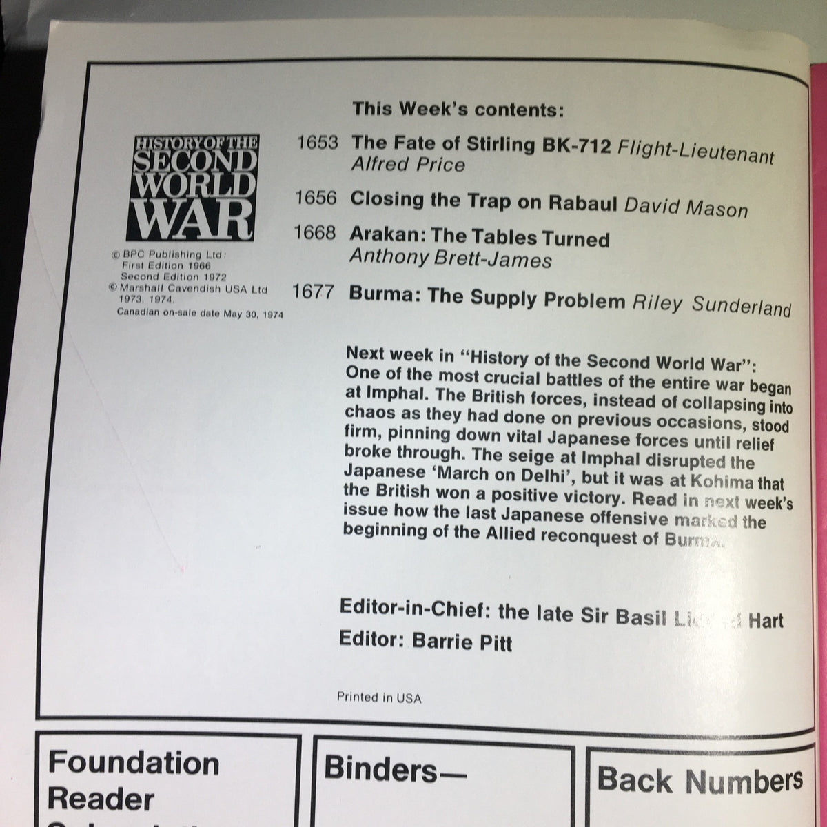 Contents page of History of the Second World War Part 60 - 1974, listing articles including 'The Fate of Stirling BK-712' and 'Burma: The Supply Problem' in a historical context.