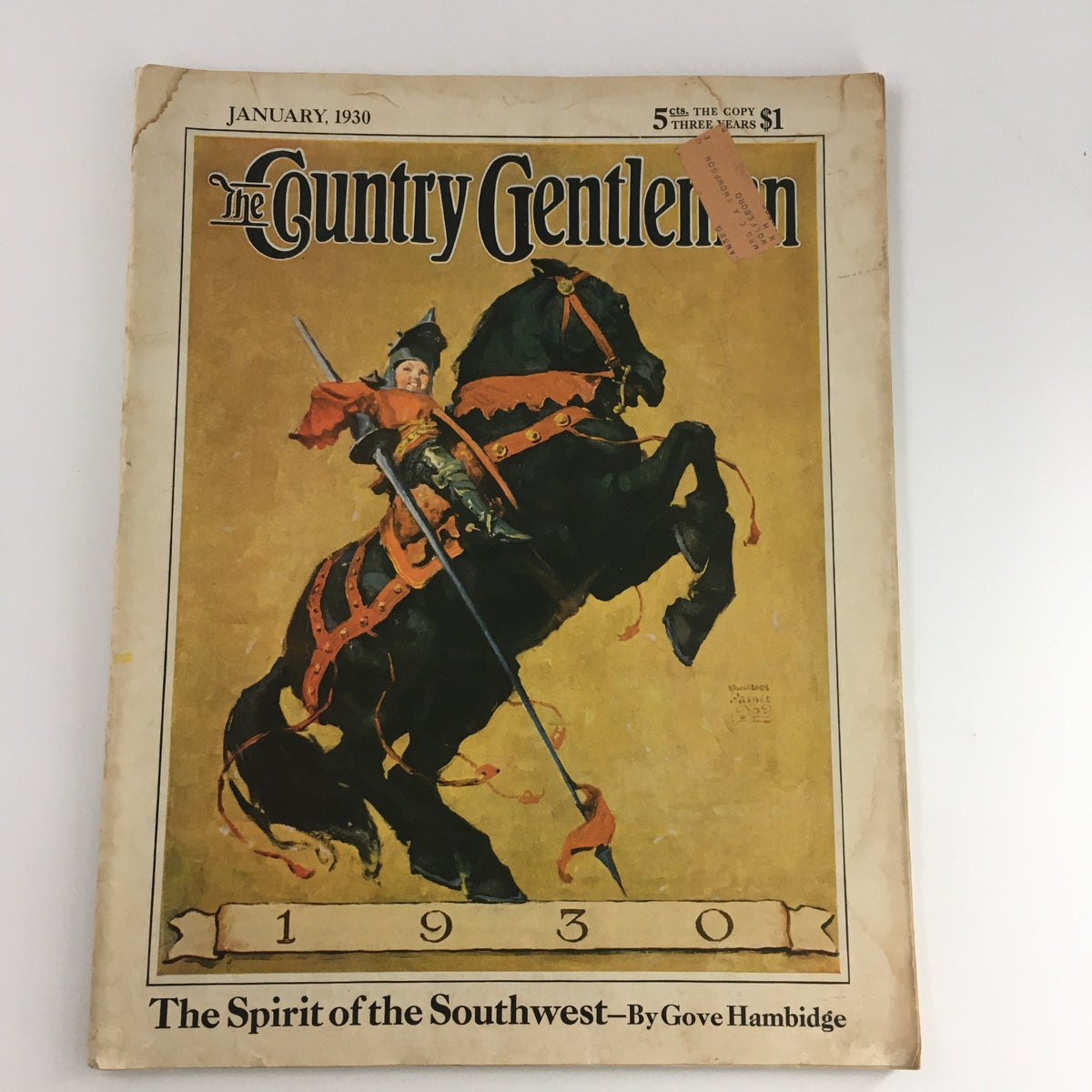 Cover of The Country Gentleman Magazine from January 1930 featuring an illustration titled 'The Spirit of the Southwest' by Gove Hambidge, depicting a mounted figure in traditional attire on a black horse with vibrant colors.