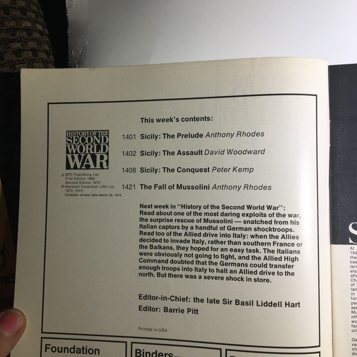 Inside page of 'History of the Second World War Part 51 1974: Italians Quit & Turn Their Dictator' showing the contents list including articles about Sicily and Mussolini.