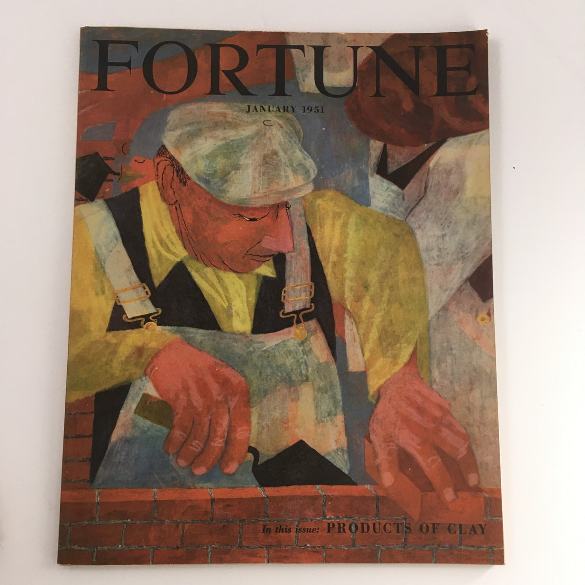 Cover of VTG Fortune Magazine January 1951 featuring the artwork 'Products of Clay' by Ben Shahn, showcasing a worker with a brick wall background.