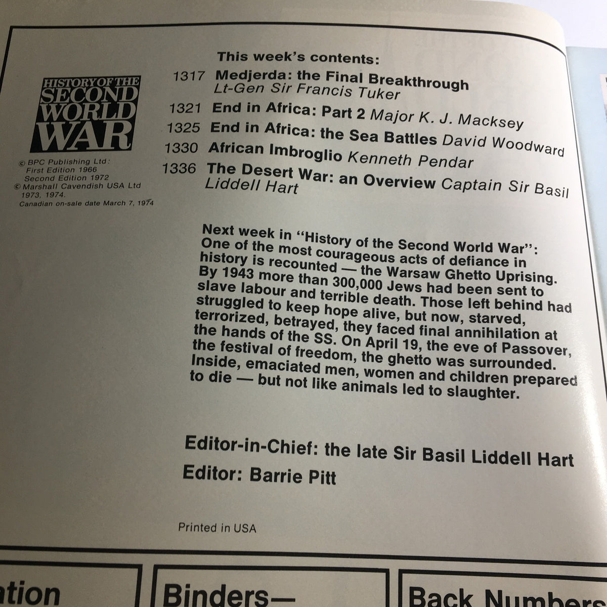 Table of contents for History of the Second World War Part 48 detailing articles on major battles and events including End in Africa and Sea Battles.