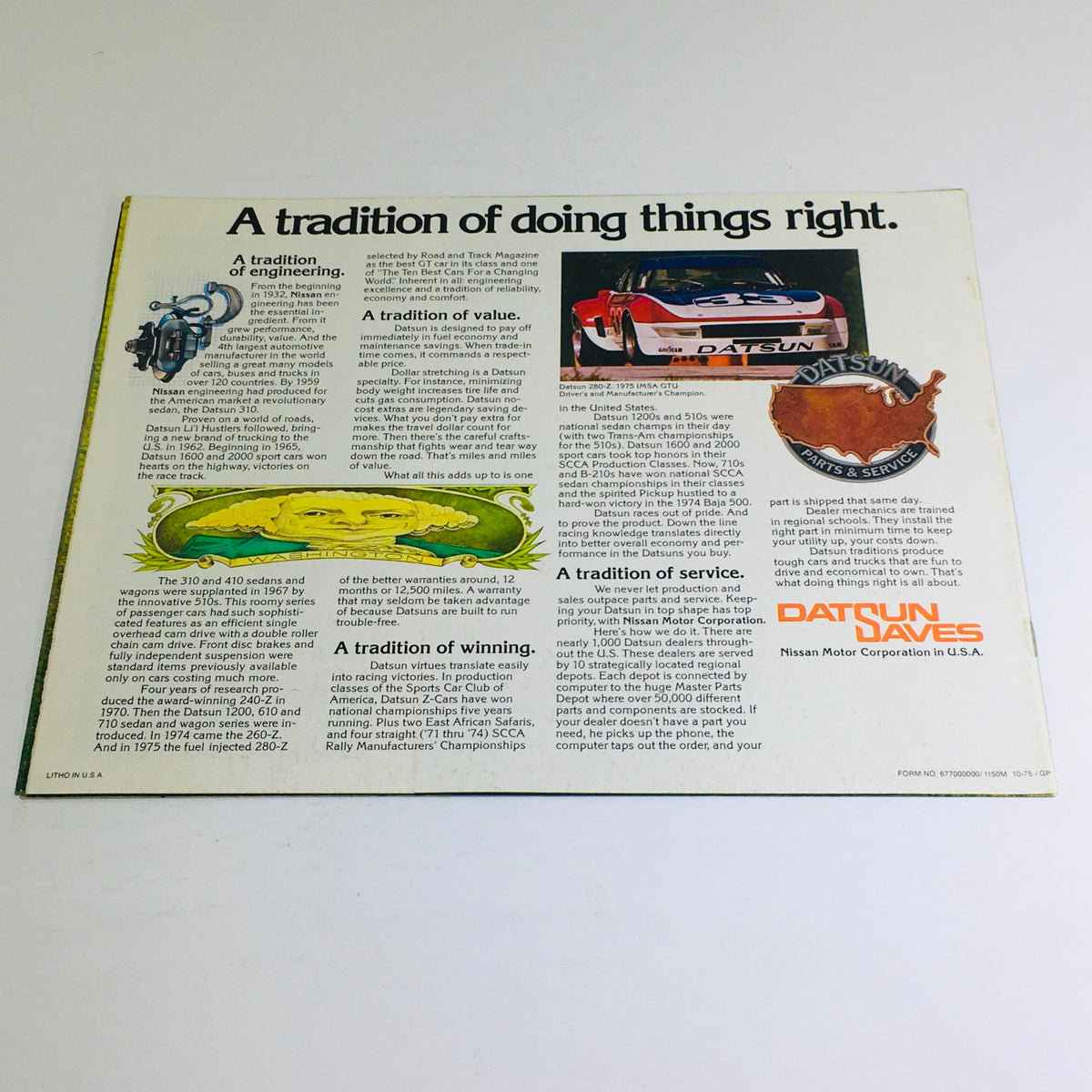 1976 Datsun 280-Z/MSA GTU Dealership Car Auto Brochure Catalog page highlighting Datsun's engineering traditions with historical references to past model achievements.