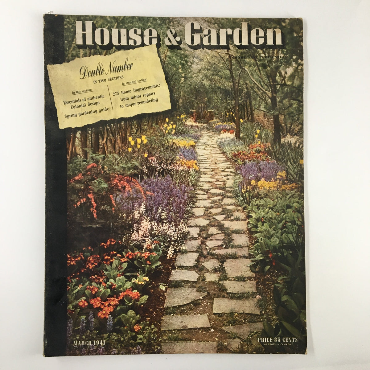 Cover of VTG House & Garden Magazine March 1941 featuring a scenic garden pathway surrounded by vibrant flowers and plants, emphasizing the theme of 'Modern Inner Sanctum.'