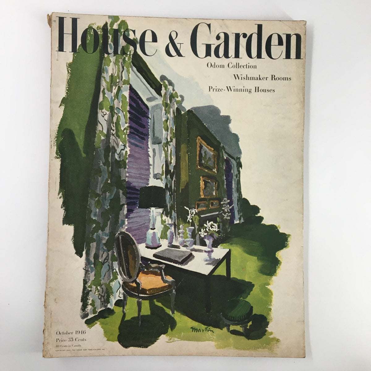 Cover of VTG House & Garden Magazine, October 1946, featuring vibrant artwork of a stylish interior with a chair, table, and decorative elements showcasing award-winning house designs.