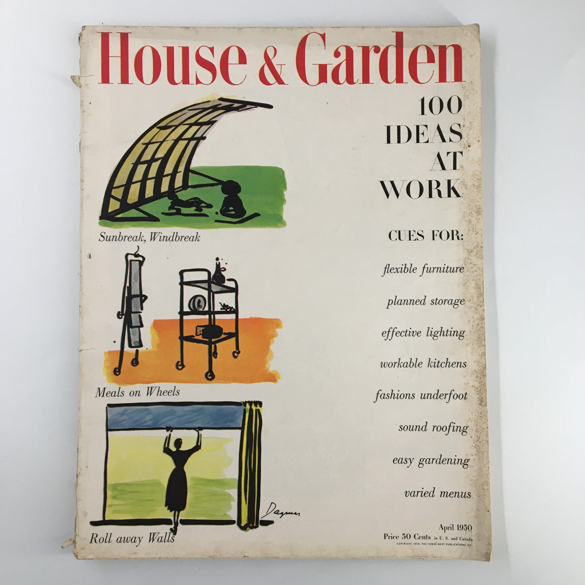 Cover of VTG House & Garden Magazine April 1950 showcasing '100 Ideas at Work' with illustrations of home design concepts including sunbreaks, meals on wheels, and rolling walls.