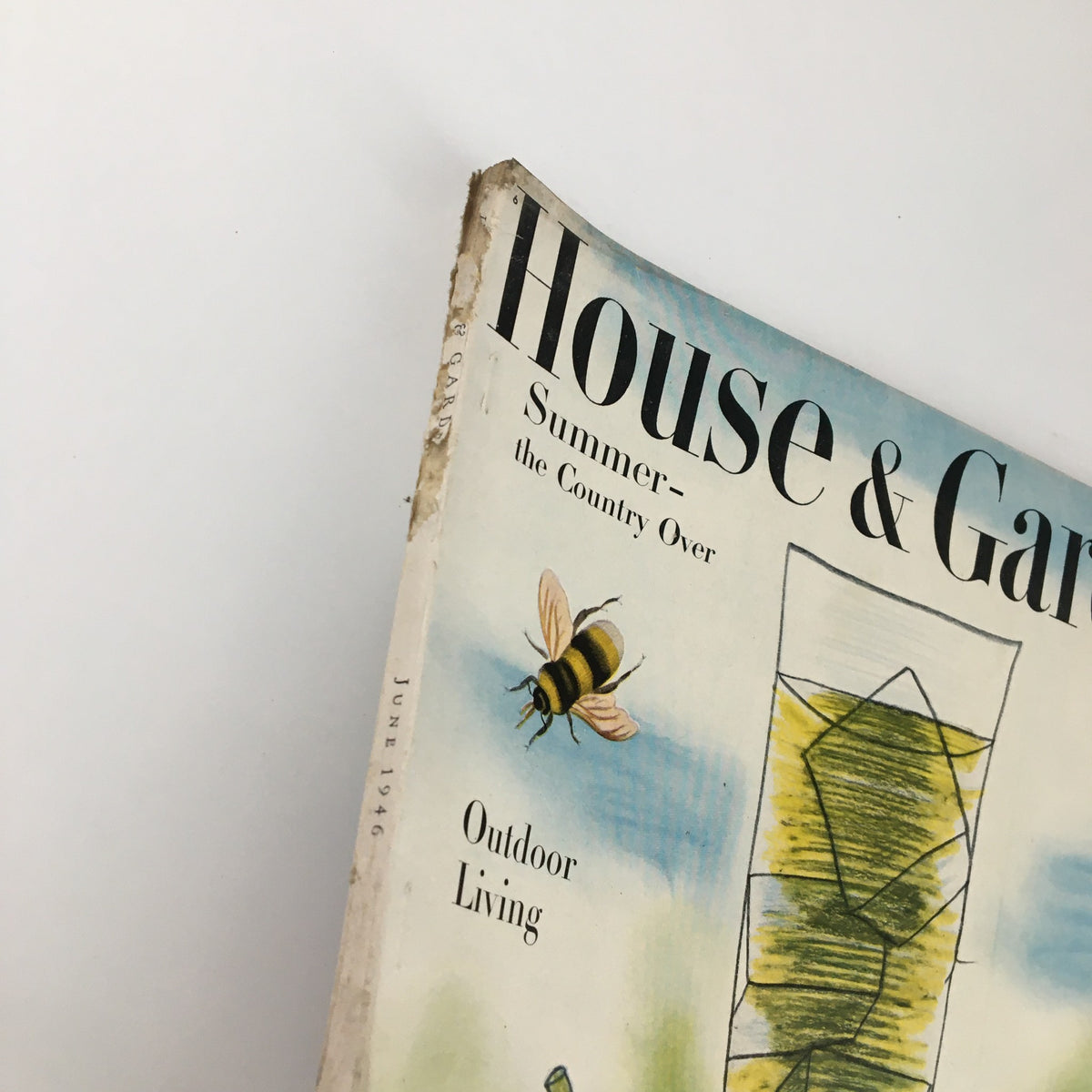 Side view of VTG House & Garden Magazine June 1946 Summer the Country Over, highlighting outdoor living theme and a bee illustration.