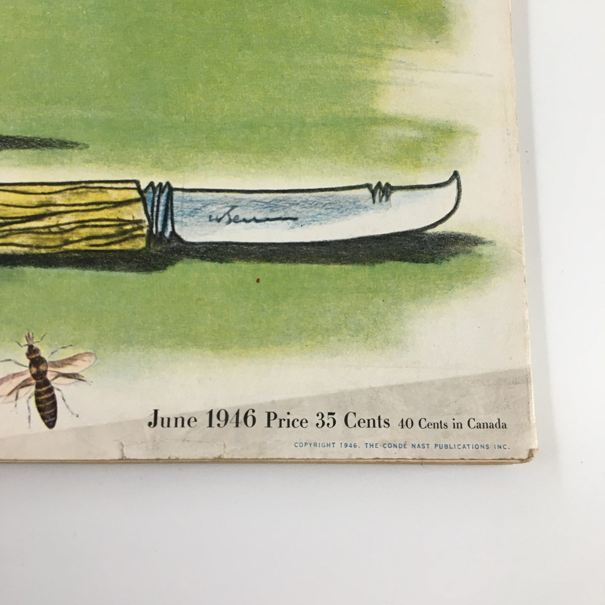 Close-up of a knife and bee illustration from VTG House & Garden Magazine June 1946 Summer the Country Over, displaying vintage pricing details.