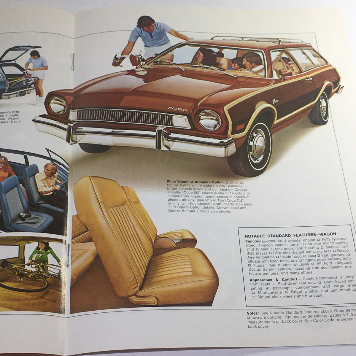 Interior layout of the 1975 Ford Pinto Wagon featuring comfortable seating and design details, part of the 1975 Ford Pinto Sedan/Wagon/Runabout Dealership Car Auto Brochure Catalog.