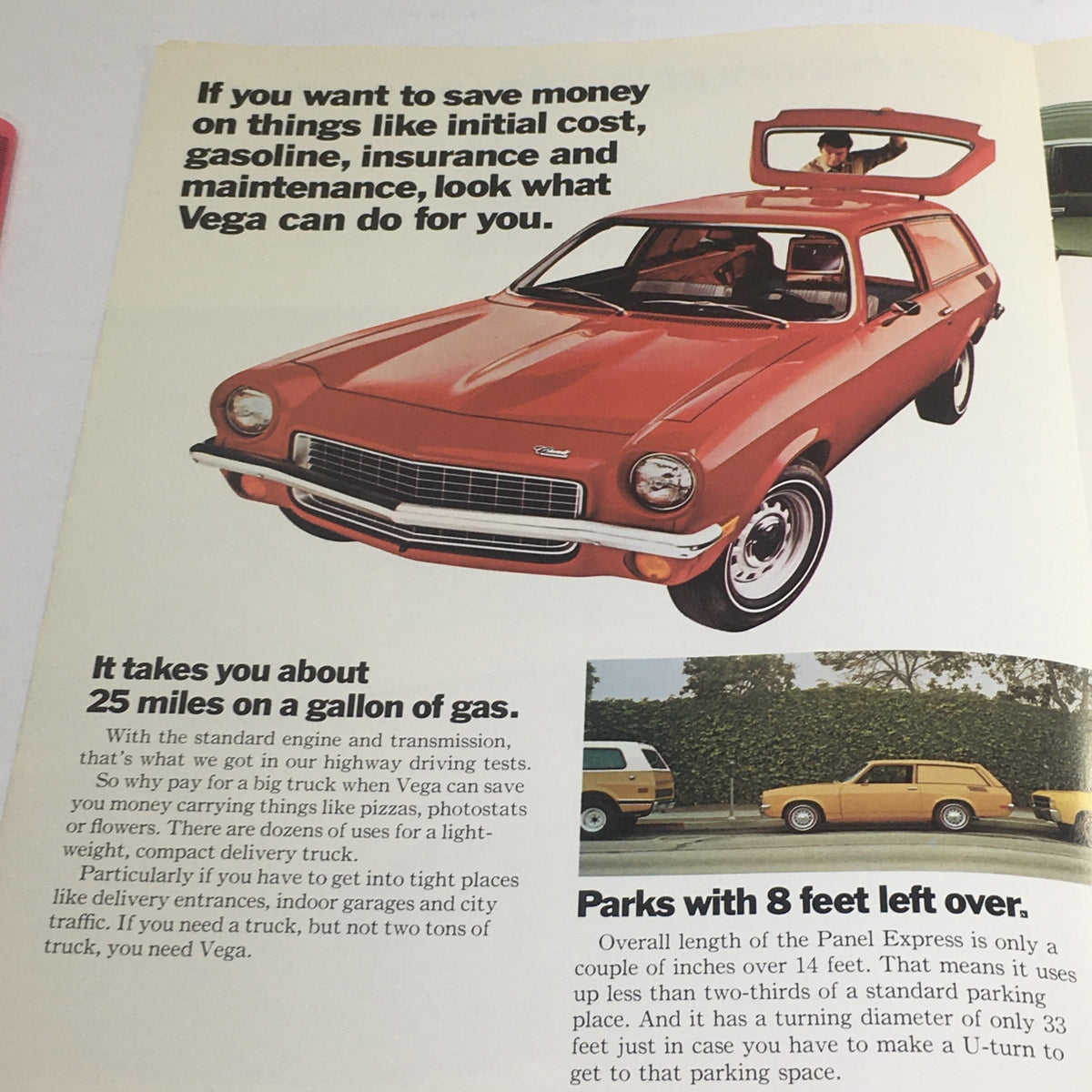 1972 Chevrolet Trucks Vega Panel Express Dealership Car Auto Brochure Catalog showing a red Vega Panel Express with the text about fuel efficiency and driving tips.