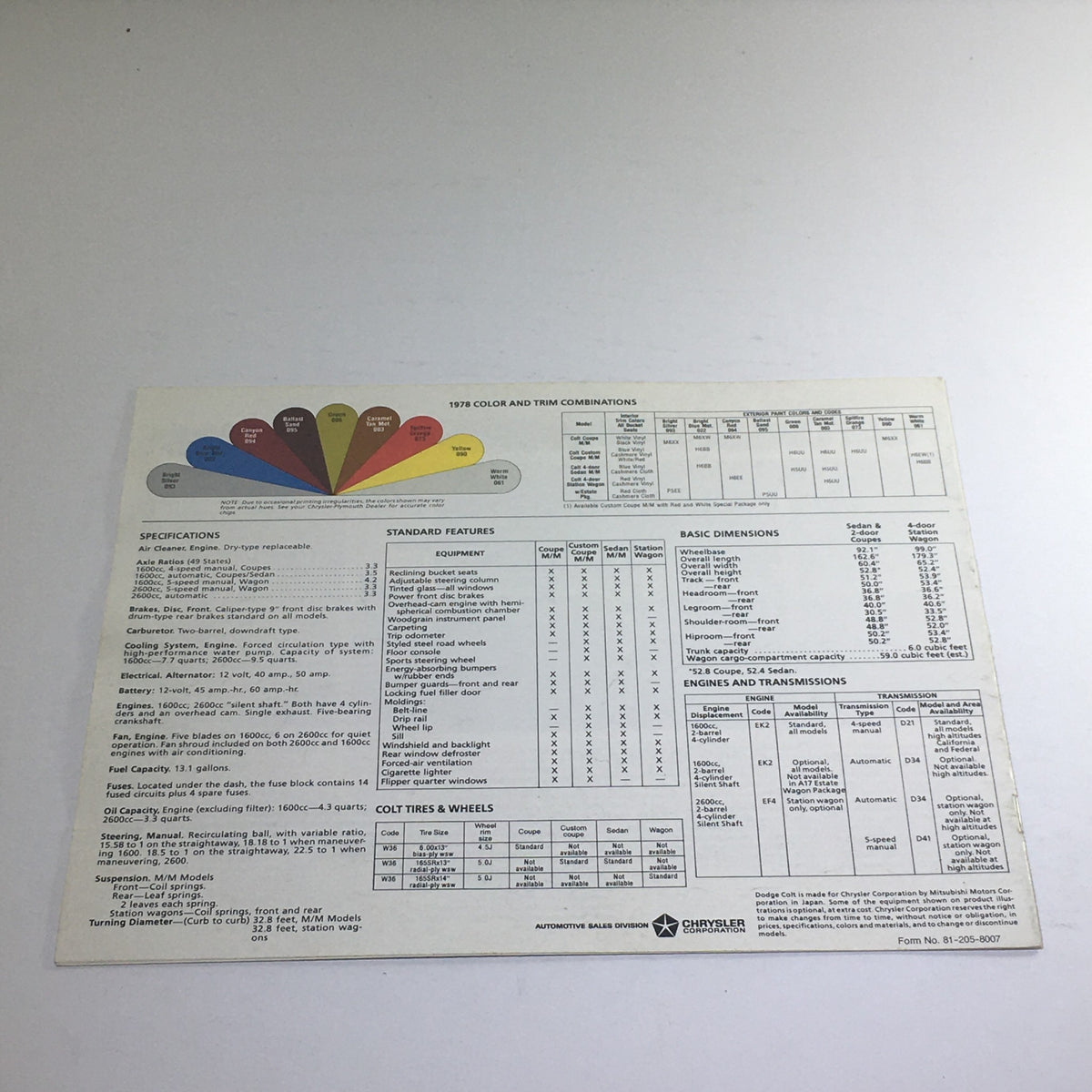 1978 Dodge Cold Custom Coupe M/M Dealership Car Auto Brochure detailing specifications, standard features, and color combinations for the Dodge Colt.