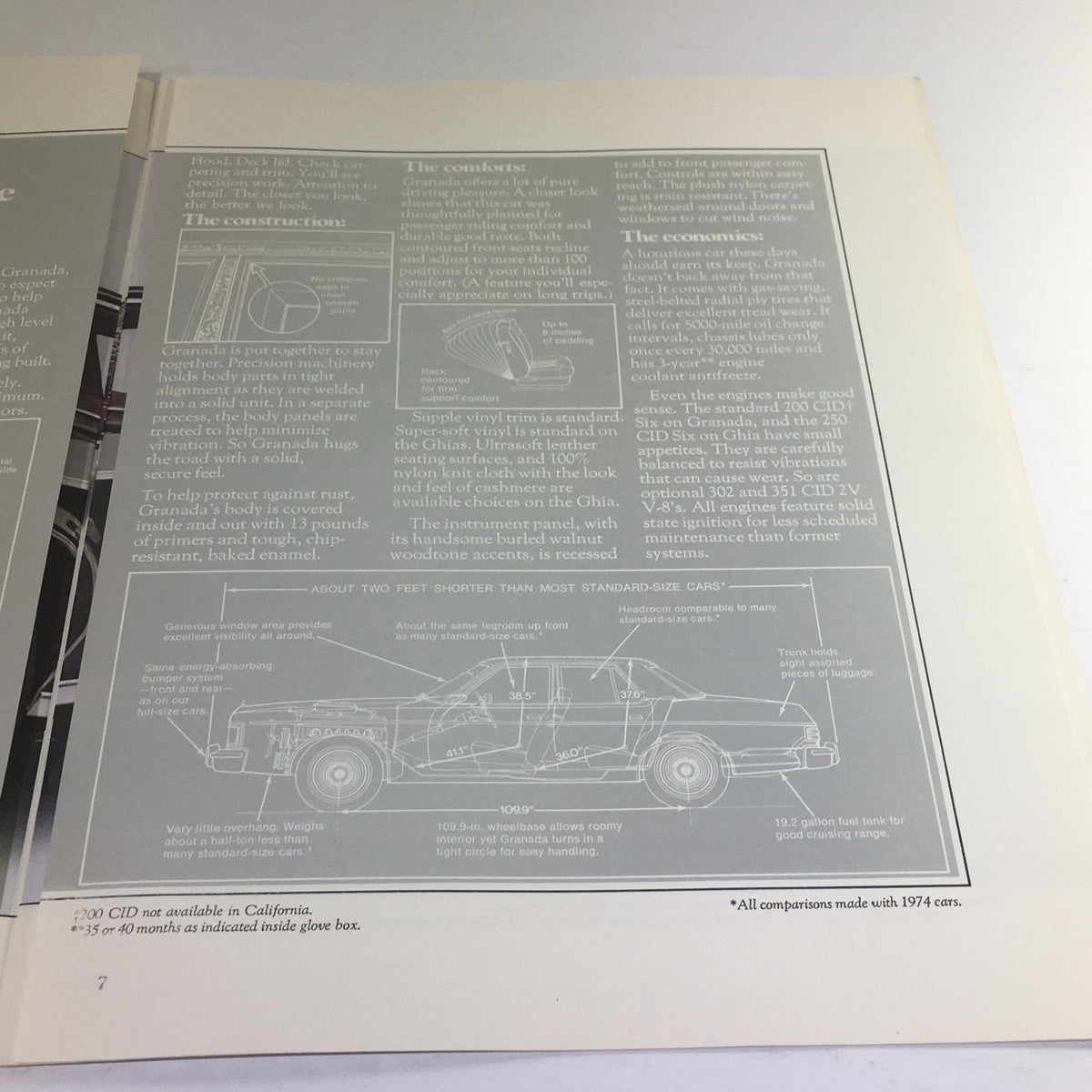 Interior specifications page from the 1975 Ford Granada Ghia Sedan brochure detailing construction and comfort features, showcasing detailed diagrams.