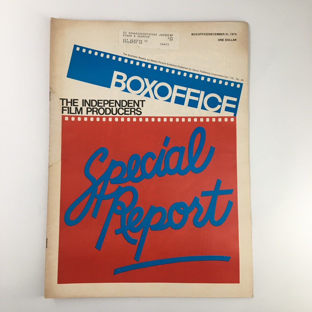 Box Office Magazine October 31 1979 The Independent Film Producers cover featuring bold red and blue typography, titled 'Special Report', showcasing a vintage look of the independent film industry.