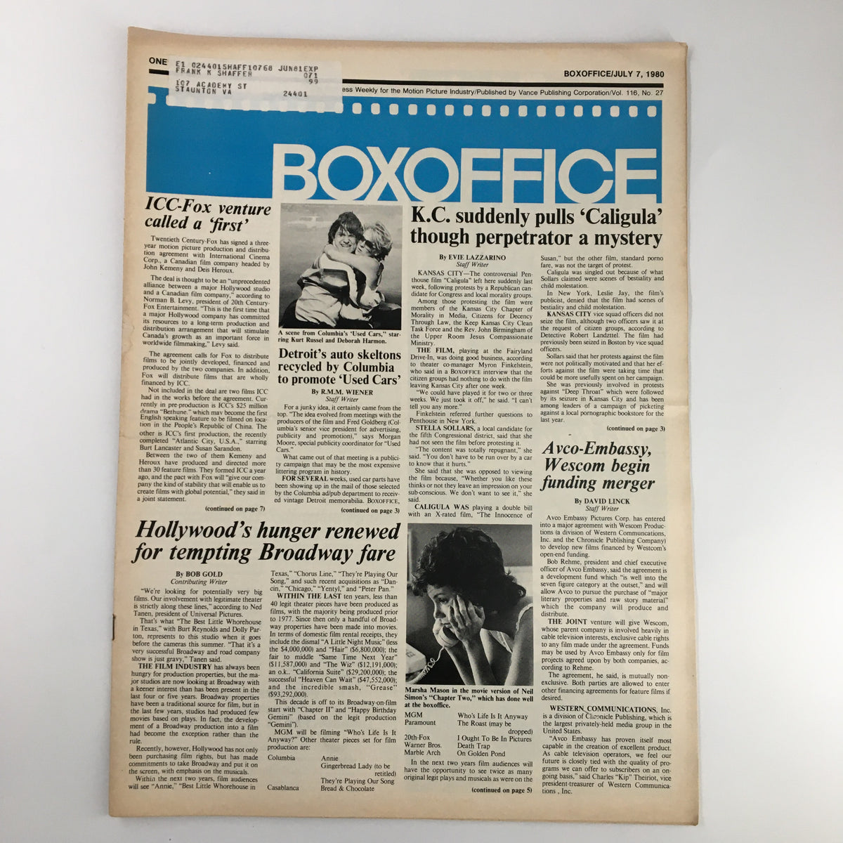 Cover of Box Office Magazine dated July 7, 1980, featuring articles and promotions related to the film 'Used Cars' starring Kurt Russell and Deborah Harmon, with vintage design and prominent headlines.