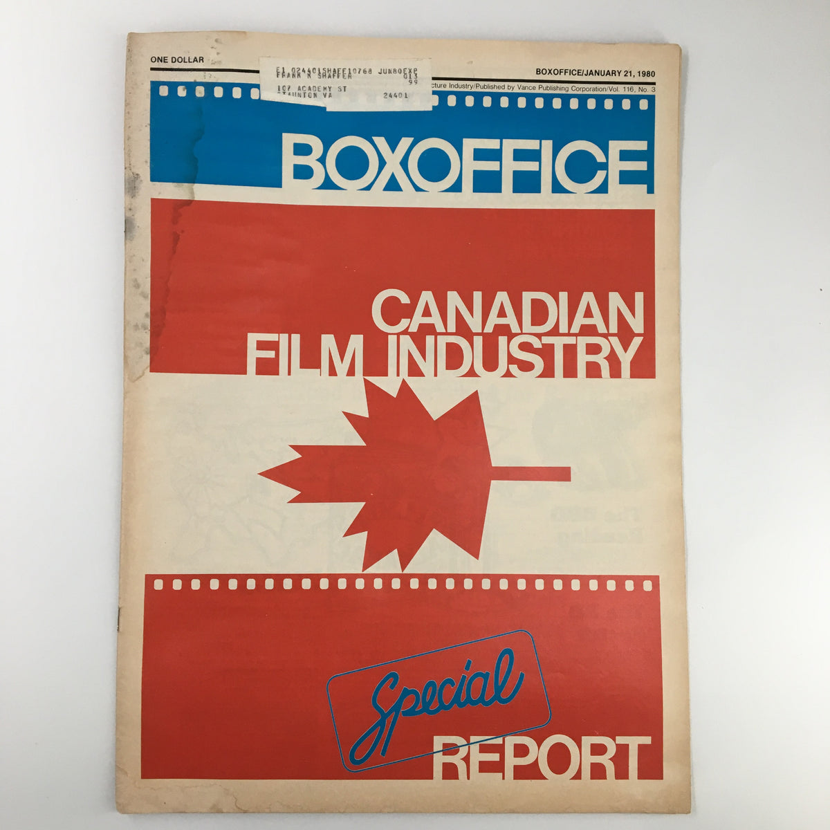 Cover of Box Office Magazine January 21, 1980, featuring a special report on the Canadian film industry. The magazine cover prominently displays a red and blue color scheme with a maple leaf symbol.