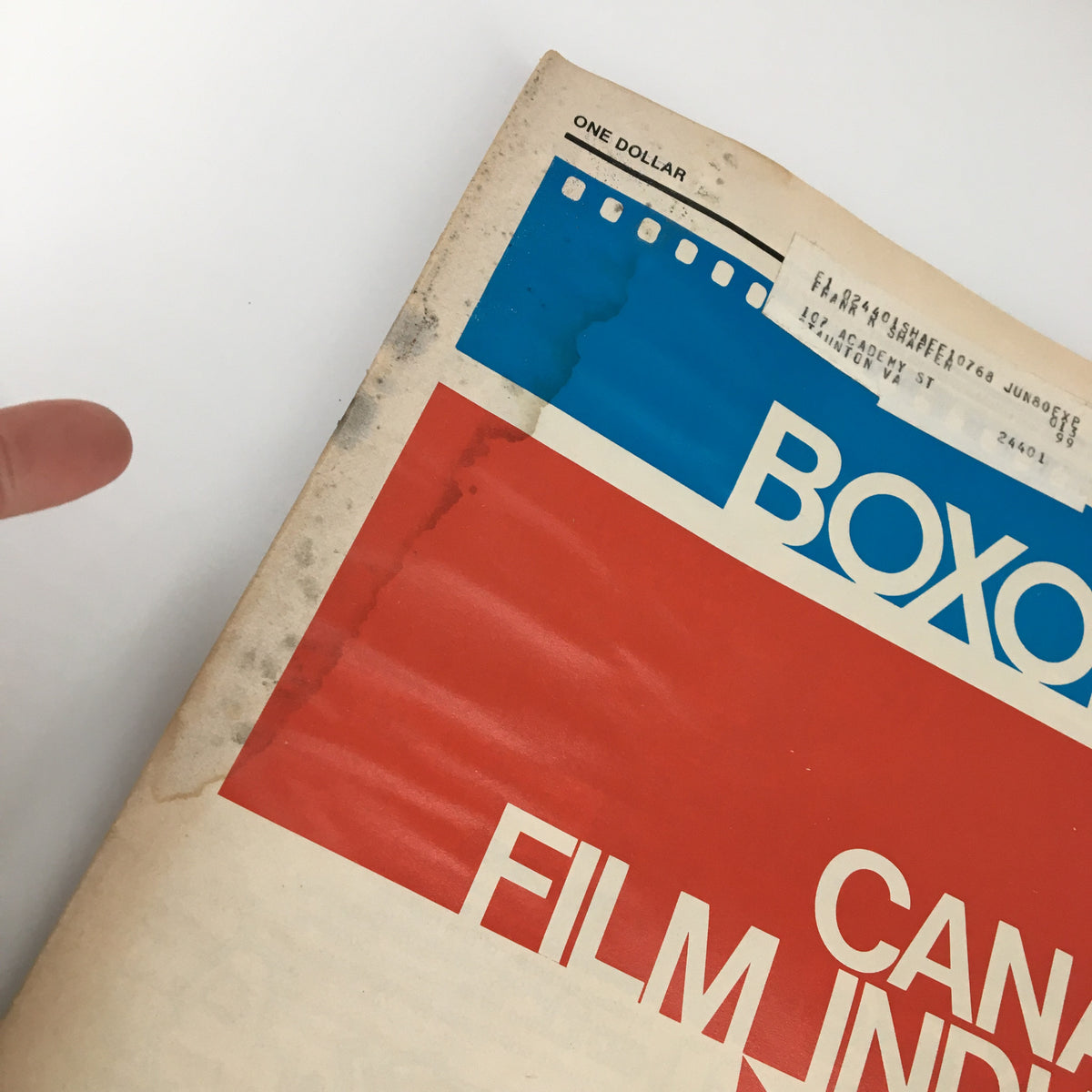 Detail of the cover of Box Office Magazine January 21, 1980, highlighting the Canadian Film Industry report with visible wear and tear typical for a vintage magazine.