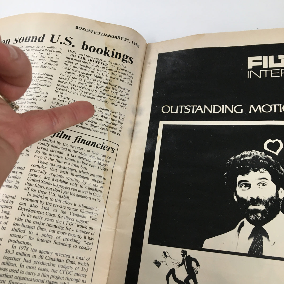 Interior page of Box Office Magazine January 21, 1980, showcasing articles on the Canadian film industry, featuring text about film bookings and financing in Canada.