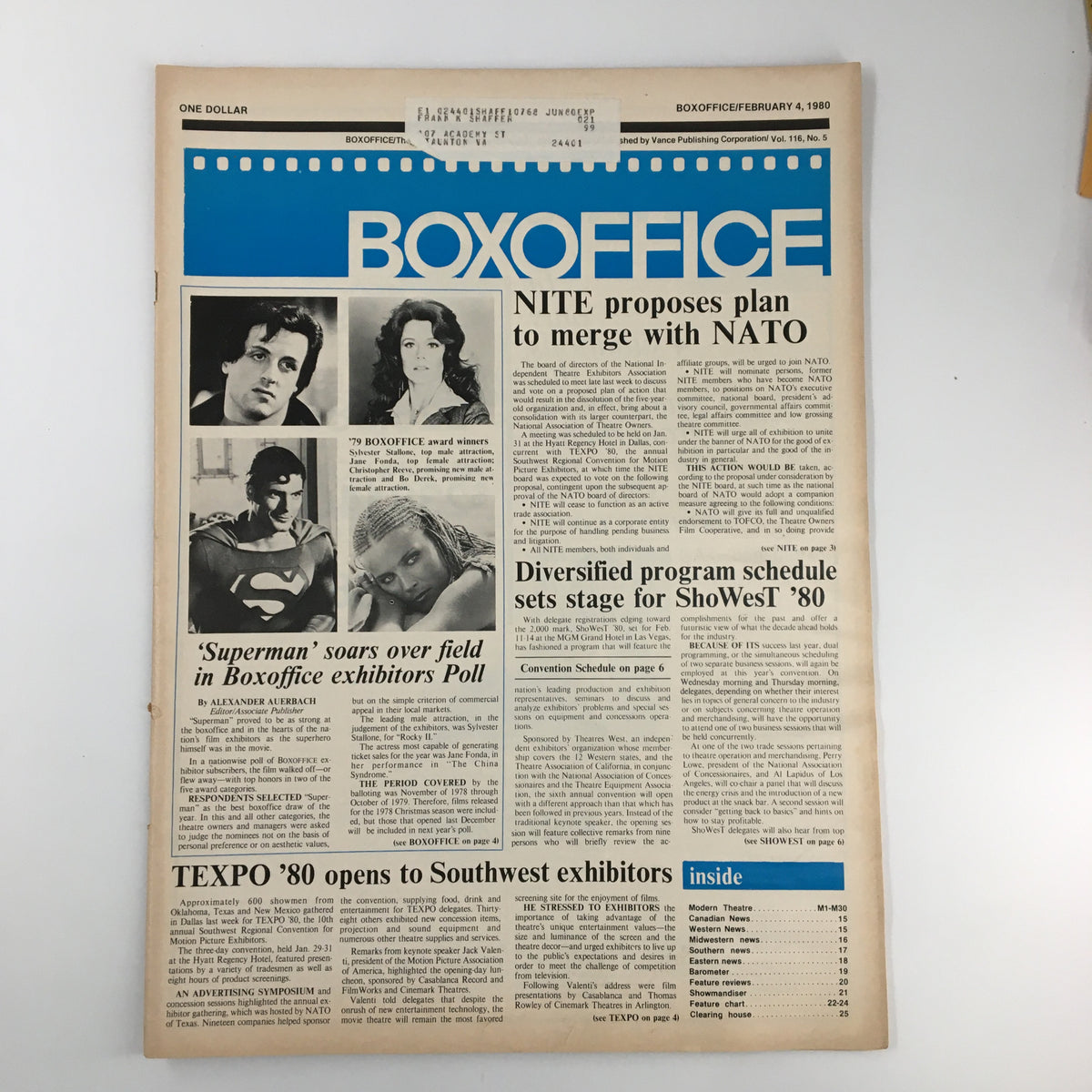 Box Office Magazine from February 4, 1980 featuring Sylvester Stallone, Jane Fonda, and Christopher Reeve on the cover, showcasing iconic film stars and articles on Hollywood history.