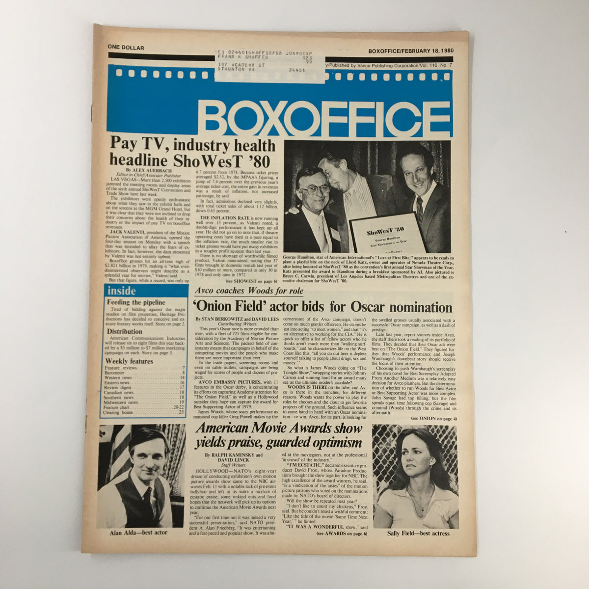 Cover image of Box Office Magazine February 18, 1980, featuring the headline about George Hamilton, star of Love at First Bite, along with articles and promotional images from the early 1980s cinema era.