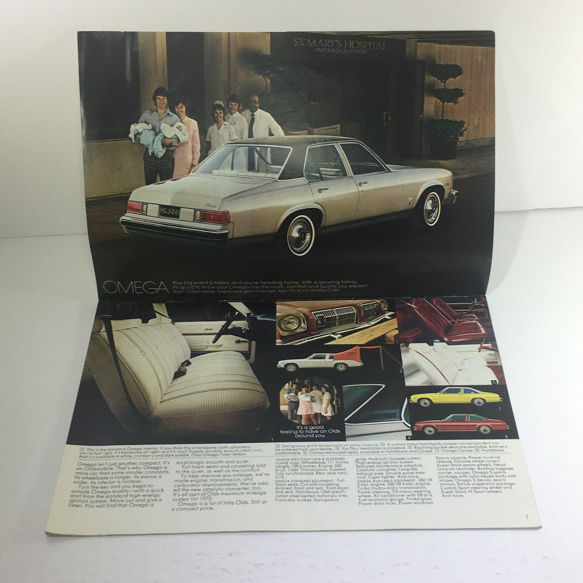 Inside the 1975 Oldsmobile Supreme Omega Dealership Sale Car Auto Brochure Catalog displaying the Omega car model, featuring images of the car and its interior.