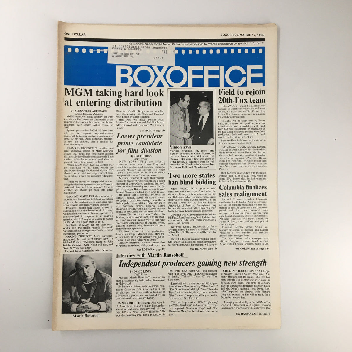 Cover of Box Office Magazine dated March 17, 1980, featuring the headline 'MGM Taking Hard Look at Entering Distribution'. The cover includes articles about MGM's distribution strategies and an interview with Martin Ransohoff, along with various industry-related news.