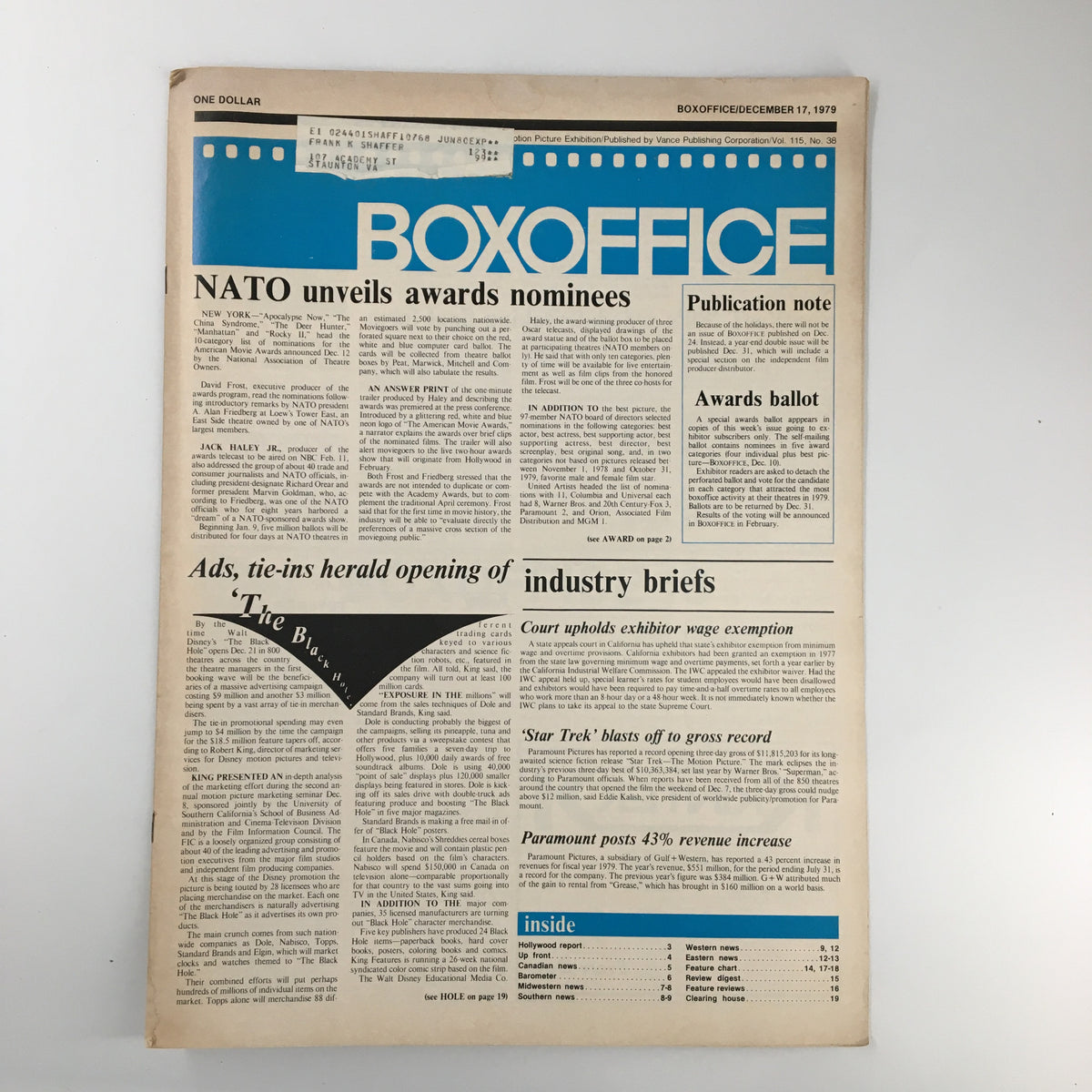 Cover of Box Office Magazine dated December 17, 1979 featuring the headline 'NATO unveils awards nominees' along with industry briefs and advertisements, showcasing the vintage style and design of the magazine.
