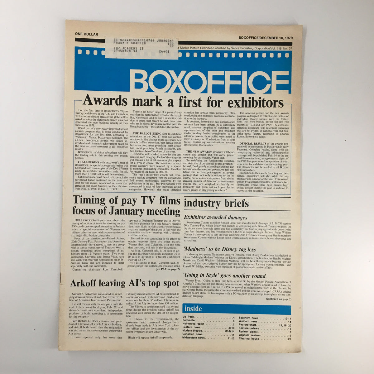 Cover of Box Office Magazine December 10 1979 featuring the headline 'Awards mark a first for exhibitors'. The magazine highlights significant awards and industry insights from the film sector during a pivotal year.