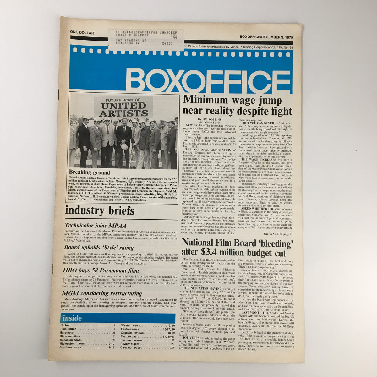 Cover of Box Office Magazine, December 3, 1979, featuring headlines on minimum wage debates and the film industry, showcasing a photograph of industry professionals in front of United Artists.