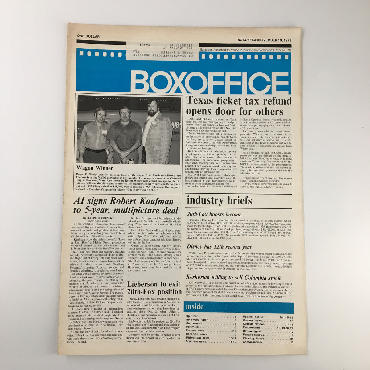 Box Office Magazine from November 19, 1979 featuring an article on Texas Ticket Tax Refund and industry news. The front page displays a photo of three individuals with the headline 'Texas ticket tax refund opens door for others'. This vintage magazine reflects the entertainment industry's updates from the late 1970s.